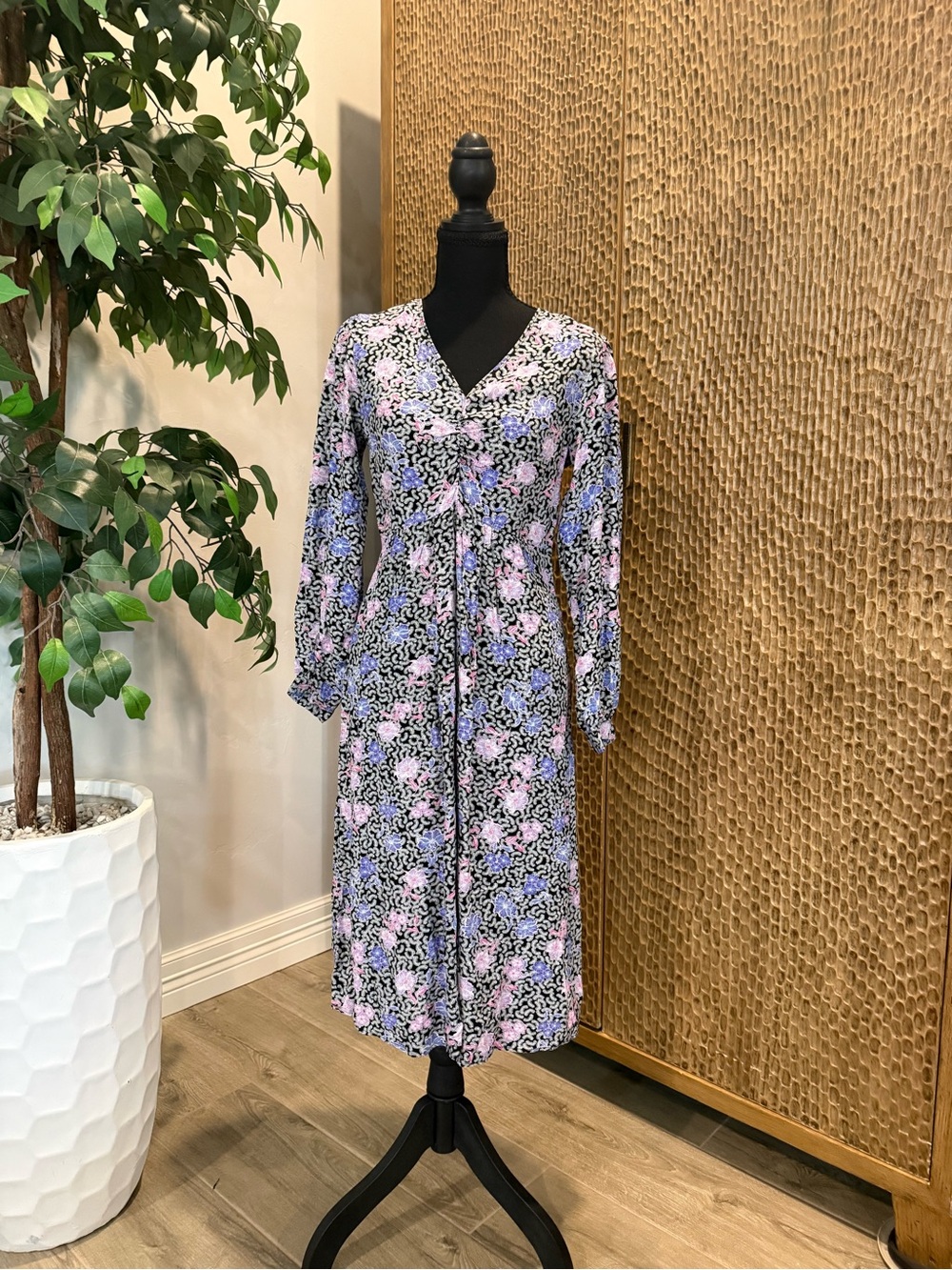 LOFT Floral Wrap Midi Dress in Lavender and Pink